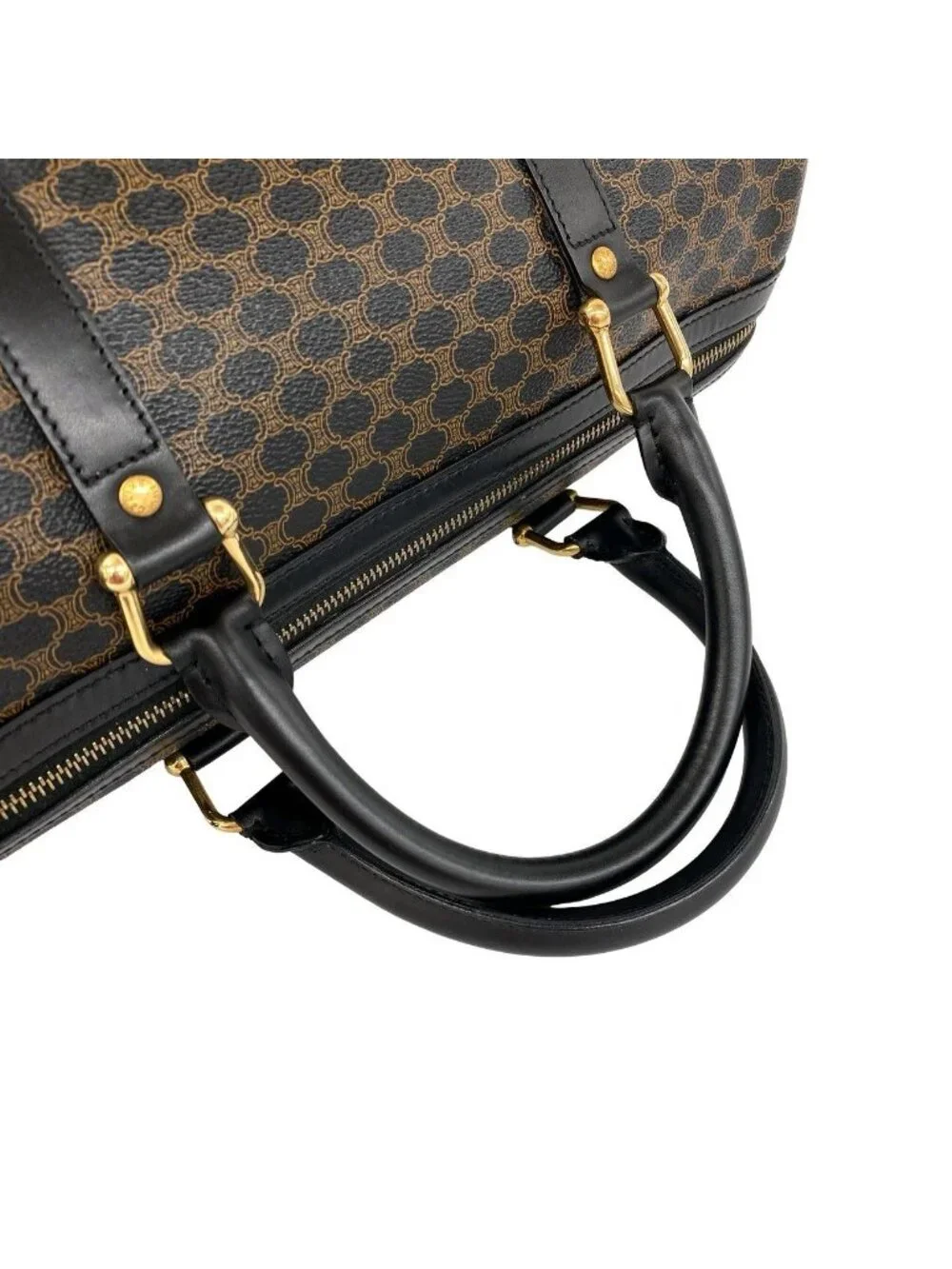 Celine Vintage Macadam Blason Pattern Leather Mini Boston Bag Black Brown